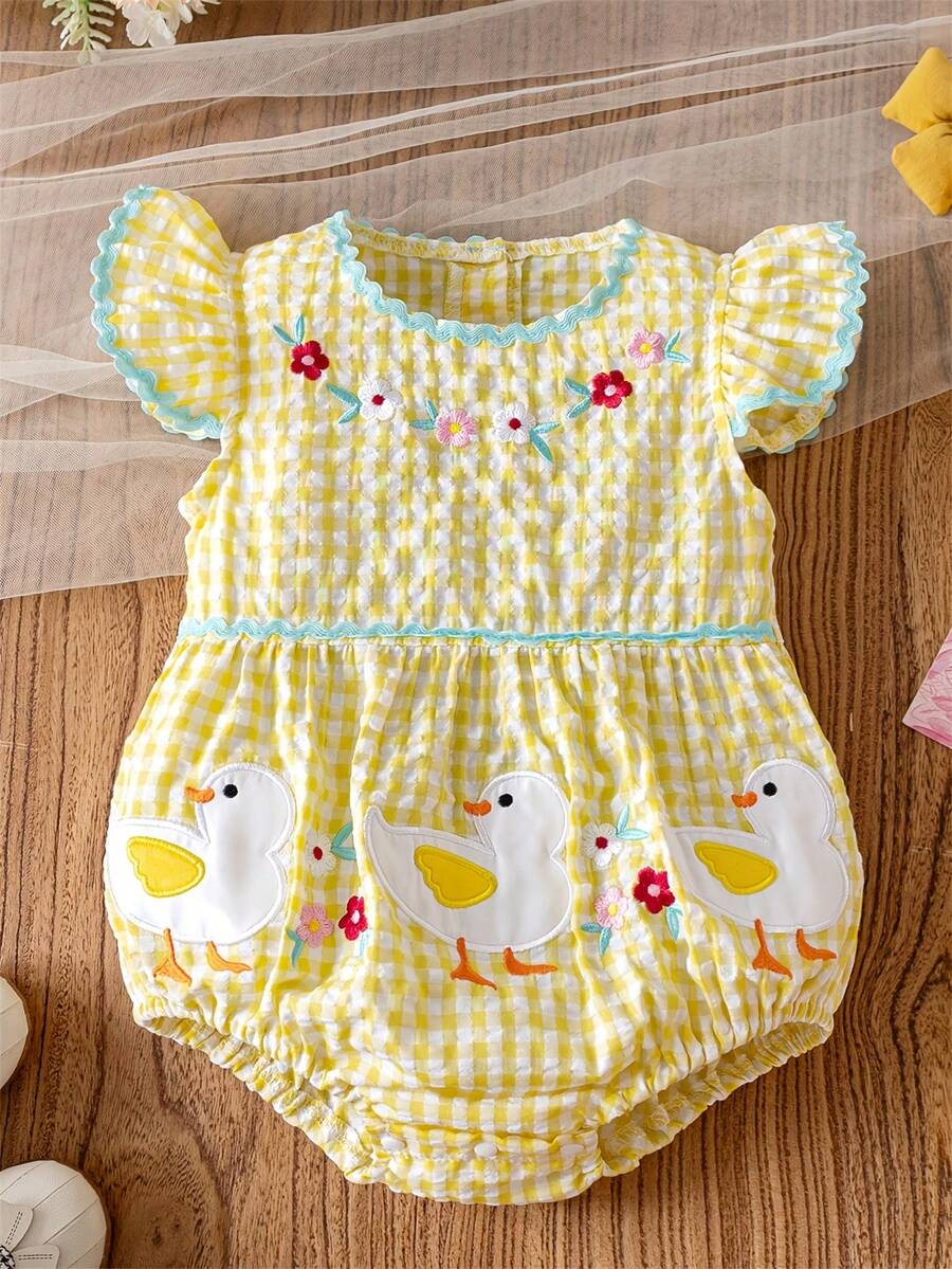 Baby Girls' Floral Embroidered Ruffle Collar Snap-Up Romper - Yellow - View 1