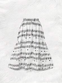 Plus Size Women Music Note Printed Casual Versatile Daily Wear Skirt White Spring - White - View 3
