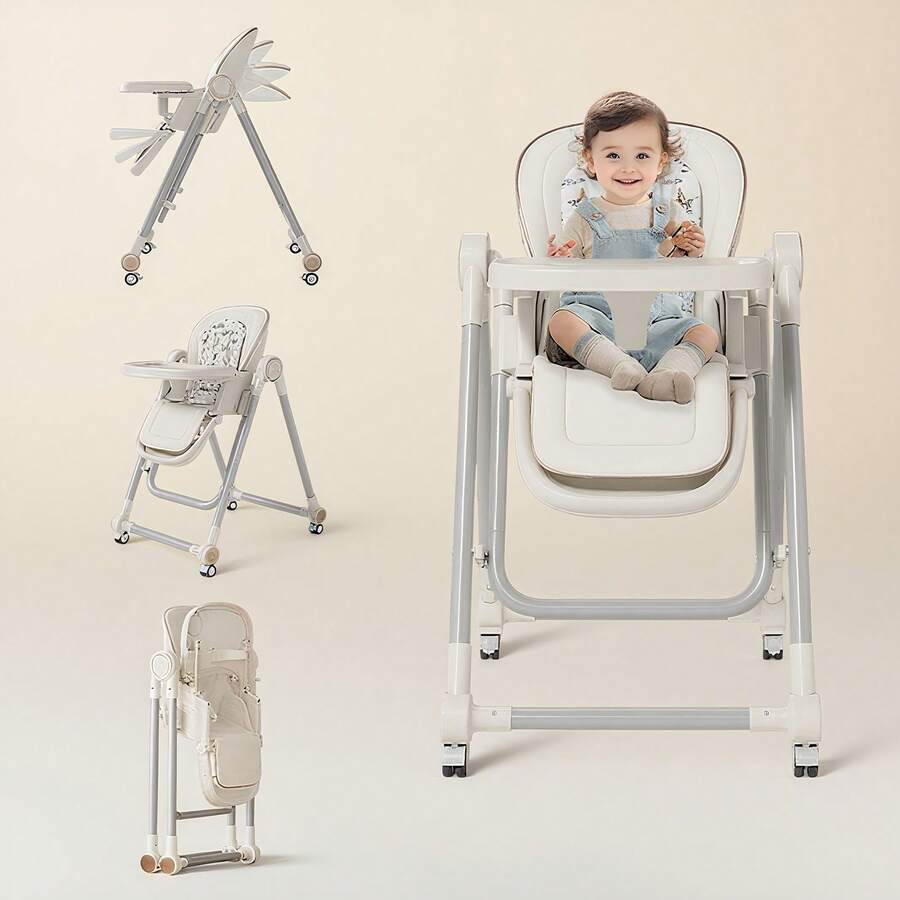 Nawahev 2-In-1 Baby High Chair For Dining Table, Toddler Booster Seat, Adjustable Height & Reclining Backrest, Foldable & Portable, PU Cushion, Lockable Wheels - White - View 1