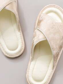 新款中国风刺绣缎面交叉舒适优雅女士家居拖鞋，防滑 - 米色 - 查看 6