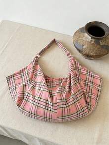 Large Capacity Plaid Pattern Shoulder Bag, New Spring/Summer Ladies Crossbody Bag, Zippered Fabric Bag, Casual Versatile Tote Bag, Suitable For Work, Study, Travel - Pink - View 7