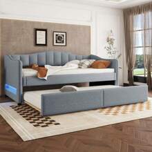 Daybed, 90x200cm Daybed With Pull-Out Bed, Sofa Bed, Single Bed (Without Mattress), Ambient Light Design, Linen, Minimalist Styling, Grey - Grey - View 5