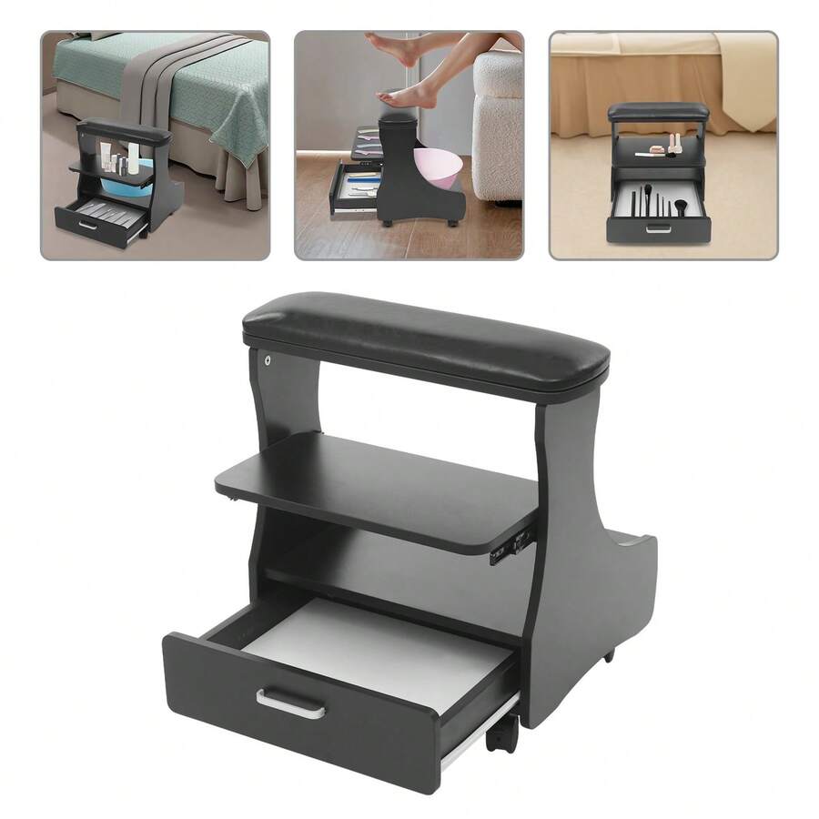 gladney Salon Pedicure Foot Rest With Removable Cushion 3-Tier Storage Drawer Lower Foot Bath Space And Locking Swivel Wheels - Black - View 1