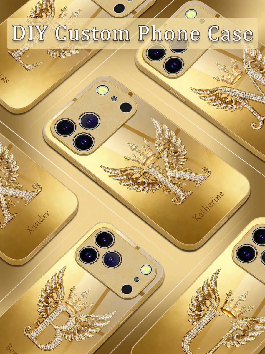 1pc Customized Diamond 26 Letter DIY Name, Fashion High-End Crown Wing Design, TPU Soft Edge + Back Tempered Glass Material Phone Case Compatible With Samsung S24 Ultra/S25 Ultra And Apple 17 ProMax/16 ProMax/15 Pro/14 Plus/13 Pro/12 Pro Max/11/Xs Max/8/7/6 Plus Phone Accessories,International Version, Not The Domestic Version - Gold - View 1