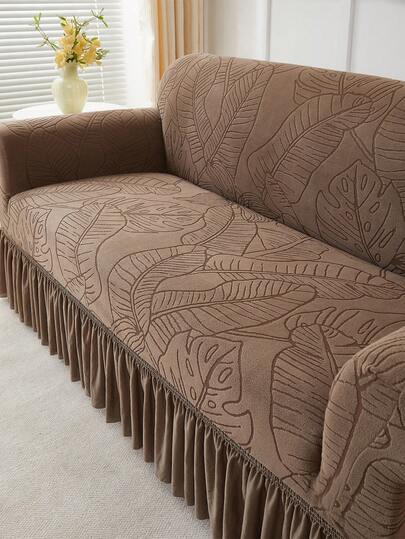 1件装毛绒叶子图案弹力裙摆式沙发套，裙摆式设计沙发家居保护套，北欧现代涤纶防尘防滑加厚沙发套，适用于1/2/3/4人座沙发，尤其适合秋冬季家居装饰