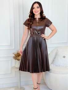 Pleated Dress In Faux Leather With Belt And Buckle, Modest Fashion, Winter Collection, Code 082 - marrom - 查看 1