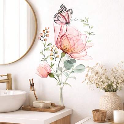 SURELIFE 一套粉色罂粟花和银莲花墙贴，家居装饰，适合女孩卧室、客厅，可移除，乙烯基贴纸，家居装饰，春季装饰，焕新家居，节日装饰贴纸，生日毕业礼物