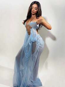 Vacation Style Sexy Mesh Halter Long Dress For Women Sleeveless Cut-Out Backless Dress For Spring Summer Vestidos Elegantes Para Fiesta Blue Dresses Elegant Party Chiffon Formal Dresses Ball Gowns Wedding Guest Dress Prom Dresses For High School Vestidos De Gala Valentine's Day Outfit - 藍色 - 查看 3