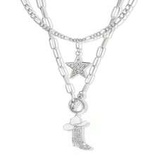 Juego de 2 Collares Apilables con Dije de Estrella y Diamantes de Imitación Brillantes Cadena Gruesa para Mujer - Borlas plateadas, sombrero blanco - Ver 6