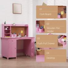 Juego de computadora y Silla para niños y niñas, Mesa de Escritura de Madera para niños con estantería, tablón de anuncios, gabinete y cajón para Edades de 3 a 8 años - Rosa - Ver 3