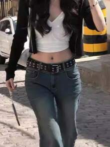 3pcs Fashionable Double Row Eyelet PU Needle Buckle Unisex Waist Belt, Streetwear Versatile Jeans Belt, Suitable For Daily Wear, Dates, Parties, Holidays, Gifts - A - View 3