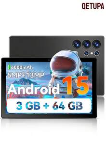 Qetupa 10.1英寸安卓15平板电脑，3GB RAM+64GB ROM，MTK 8768八核1.6GHz处理器，高清(1280x800) IPS触摸屏，蓝牙5.2和802.11ac WiFi5，GPS，500万像素前置摄像头和1300万像素后置摄像头，6000mAh大容量电池，不支持SIM卡，节日礼物黑色（不含适配器） - 黑色 - 查看 1