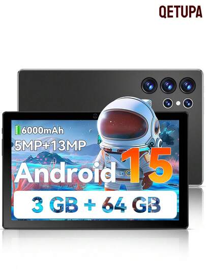 Qetupa 10.1英寸安卓15平板电脑，3GB RAM+64GB ROM，MTK 8768八核1.6GHz处理器，高清(1280x800) IPS触摸屏，蓝牙5.2和802.11ac WiFi5，GPS，500万像素前置摄像头和1300万像素后置摄像头，6000mAh大容量电池，不支持SIM卡，节日礼物黑色（不含适配器）