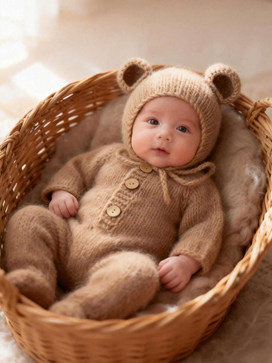 Newborn Photography Props, Baby Boy & Girl Outfit, Soft Mohair Bear Ear Hat And Romper, Baby Photography Costume Set, Baby Party Easter Gift, Baby Supplies For Boys & Girls - Multicolor - View 1