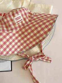 1pc Plaid Tie-Up Bucket Hat, Reversible, Suitable For Valentine's Day Gift, Travel Outfit, Daily Wear - A - View 3