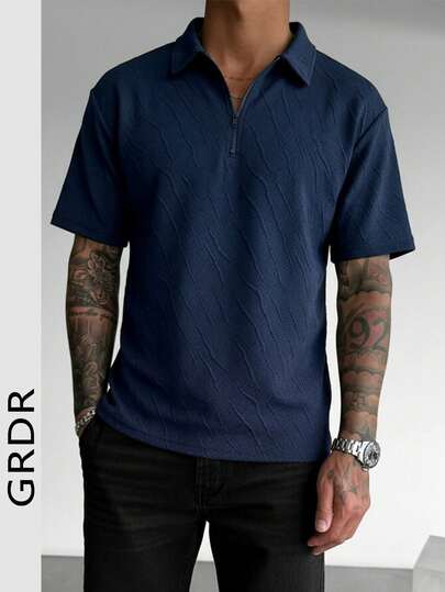 GRDR Camiseta de manga corta con cuello polo de media cremallera, de estilo minimalista y elegante, para hombre