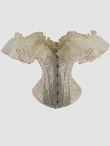 性感塑身宮廷風格束腰胸衣上衣，配褶皺袖、腰夾和無肩帶設計 - 杏色 - 查看 1