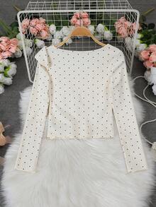 New Korean Style Polka Dot Oblique Collar Long Sleeve Women Blouse With Unique Bow Design, Slim Fit And Versatile - Apricot - View 4