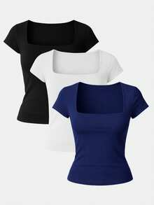 Set Of 3 Women's Short-Sleeve Blouses In Cool Mesh Spandex, Basic Square Neckline - 海軍藍,白色和黑色 - 查看 1