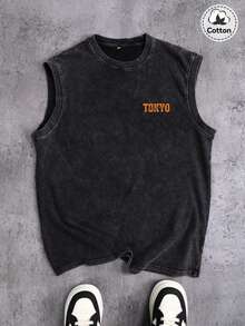 Men's Street Racing Graphic Tank Top, Slightly Stretchy Washed Black Crew Neck Casual Vest For Daily Wear - 黑色 - 查看 2