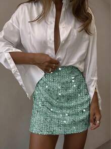Elegant Women's Short Sequin Bodycon Skirt With Ruffle Design, Suitable For Party, Date, Office And Other Occasions - Mint Green - View 5