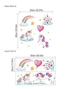 1/2/3片装多尺寸PVC可移除墙贴，卡通元素装饰，适用于卧室、客厅、书房、餐厅、浴室、家居墙面装饰 - 月光下的女孩、独角兽彩虹、梦幻粉色树下有动物、狮子骑热气球 - 彩色 - 查看 7