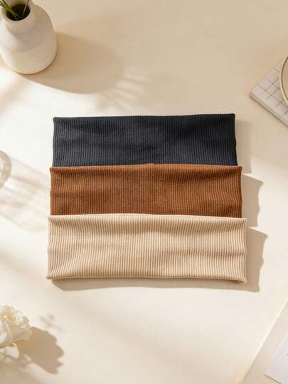 3条装女士条纹发带，简约时尚休闲可爱头巾，卡其色、黑色、棕色可选，适合日常、通勤、运动等多种场合，吸汗透气，不伤发质。