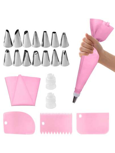 21pcs/Set Pink Piping Tips Baking Set With 14 Piping Nozzles, 2 Converters, 2 Piping Bags, 3 Icing Scrapers For Decorating Cakes, Pastry, Cupcakes, Biscuits, Cream, Cookies, Kitchen Gadgets, Baking Tools
