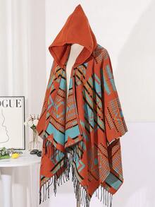 1件装女士冬季连帽斗篷，提花几何图案旅行披肩外套 - 彩色 - 查看 5