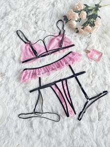 Romantic Pink Lace Lingerie Set - Sexy Deep V Bra And Panty With Black Bow, Suitable For Date Night - Pink - View 5