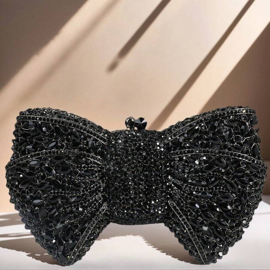 Luxury Women Pink Bowknot Clutch Bags Stone Evening Bags Bridal Rhinestone Handbags Wedding Clutches Bags Dinner Minaudiere Purse - 黑色 - 查看 1