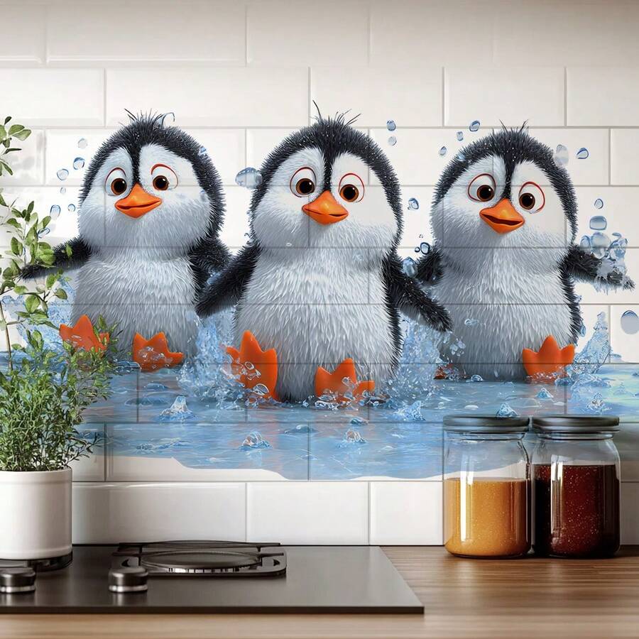 俏皮企鹅浴室墙贴 - 可爱的卡通企鹅和水花主题贴纸，自粘可移除，适用于厨房墙面和瓷砖装饰，趣味家居风格装饰 - 多色 - 查看 1