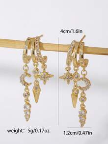 1 Pair Fashionable Luxury Asymmetrical Tassel Cubic Zirconia Brass Gold-Plated Hoop Earrings, Suitable For Parties, Vacations, Gifts, And Daily Wear - Gold - View 4