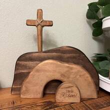 He Is Risen Wooden Tomb Easter Scene And Cross Decoration, Wood Easter Resurrection Scene For Tray, Jesus Nativity Scene Decor For Religious Decorations, Home Office Tabletop, Shelf Decor - 駝色 - 查看 4