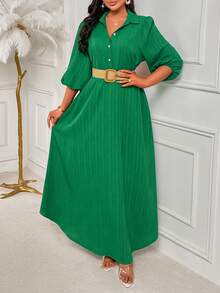Amarilo 女士时尚优雅V领连衣裙，三粒纽扣，宽松灯笼袖，配腰带，适合节日场合 - 綠色 - 查看 7