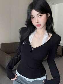 Women's New Lace Halter Sexy Design Blouse, Long Sleeve Lace Patchwork Knit Top - Black - View 6