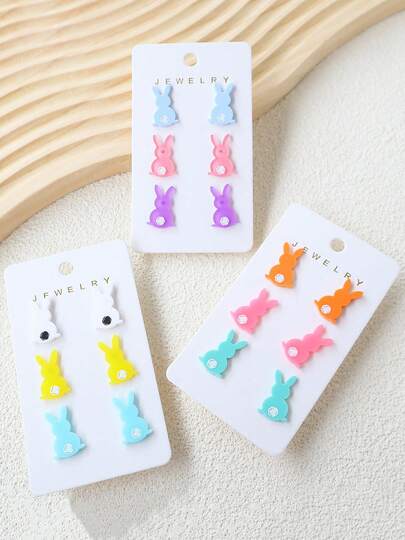 3 pares de pendientes de botón con orejas de conejo de Pascua de colores acrílicos, un conjunto de regalos de pendientes de dibujos animados lindos y divertidos para la fiesta