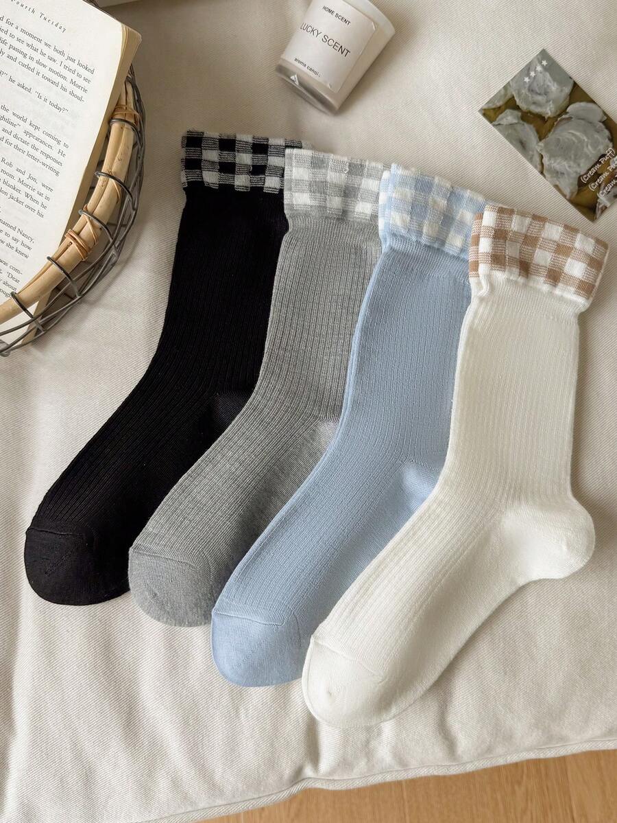 1/4 Pair Women's Mid-Calf Socks, Plaid Lace Design Mid-Calf Socks, Patchwork Cute Long Tube Socks, Versatile Daily Wear - Multicolor - View 1