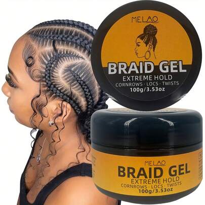  MELAO Braiding Hair Gel, Extra Strong Hold, Suitable For Braids, Cornrows, Locs, Twists, Long-Lasting Firm Styling, Creates Sleek Shiny Hairstyles, Suitable For Black Natural Hair, 100g/3.53oz
