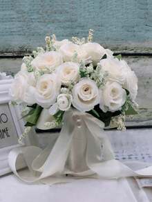 1支新款人造玫瑰花手柄新娘伴娘婚礼玫瑰花束，适用于伴娘、新娘、婚礼用品、摄影、婚礼仪式、家居装饰 - 白色 - 查看 10