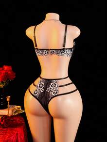 New Sexy Women's Lingerie, Adjustable Straps, Single Hook Triangle Cup Jumpsuit, Metal Ring Connecting Floral Lace Semi-Sheer Sexy Jumpsuit - Black - View 4