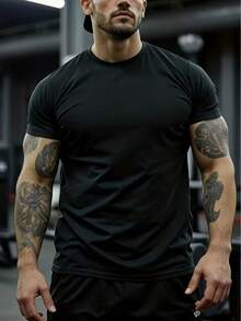 Men's Summer Outdoor Sports Fitness Training Basic Solid Color Round Neck Short Sleeve T-Shirt | Suitable For Daily Sports Outfit - Black - View 1