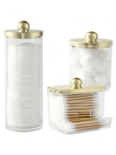 1/3 Packs Qtip Holder Dispenser For Ball, Swab, Round Pads, Floss - 10 Oz Clear Plastic Apothecary Jar Set For Bathroom Canister Storage Organization, Vanity Makeup Organizer