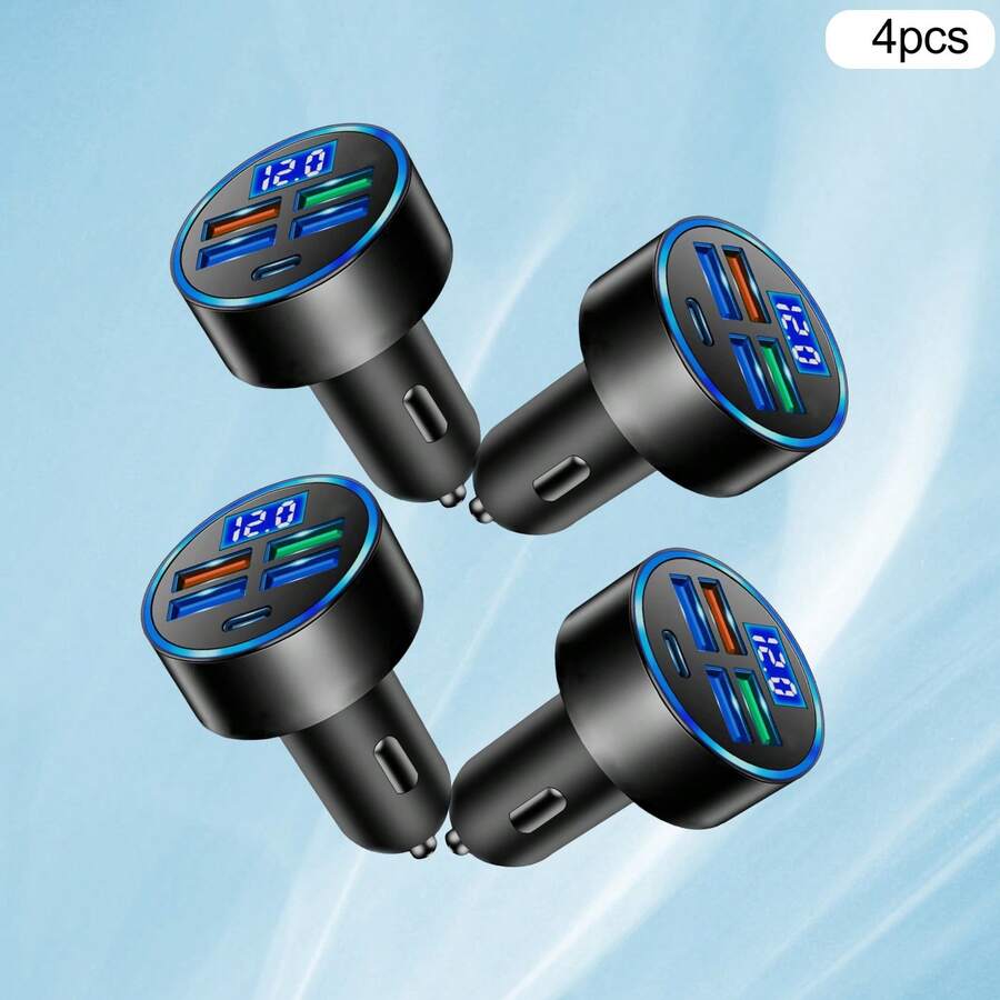 Bộ sạc nhanh điện thoại trên ô tô 4 chiếc đa cổng (USB-C + USB-A) với màn hình LED hiển thị điện áp – Tương thích với các thiết bị di động Apple, điện thoại thông minh và máy tính bảng | Bộ sạc xe hơi nhỏ gọn với chức năng bảo vệ quá tải, quà tặng ngày Valentine - Một cỡ - Xem 1