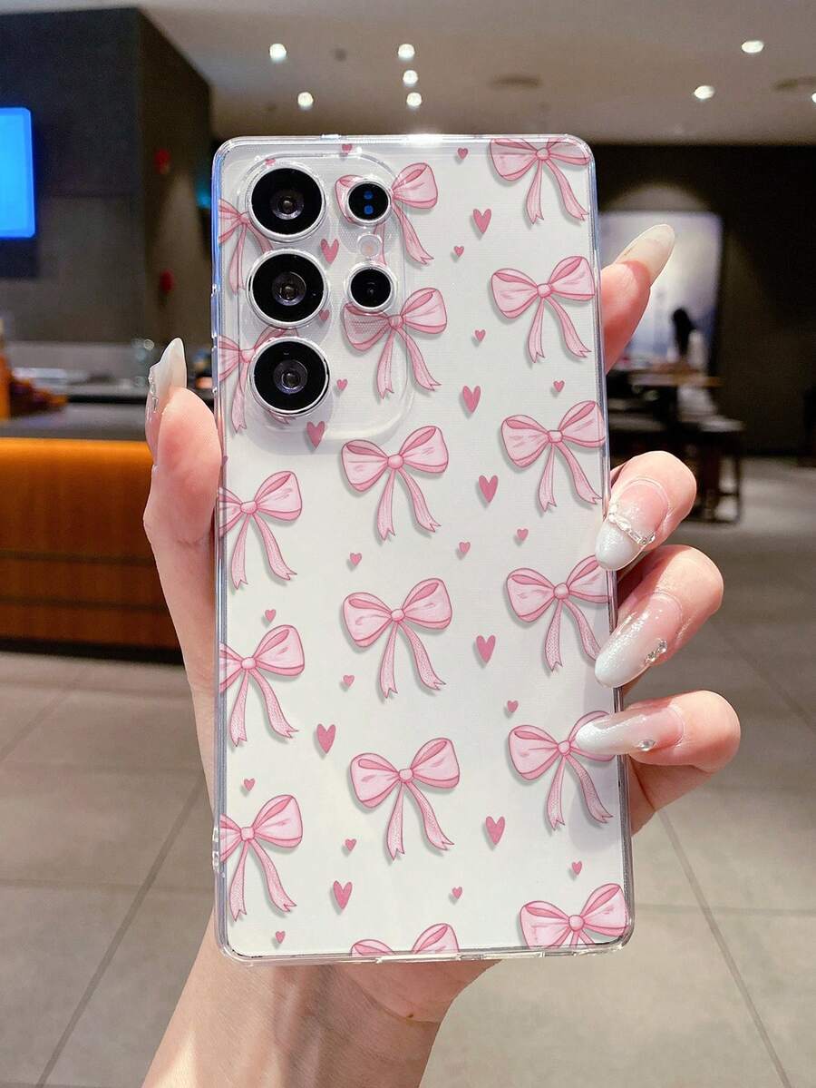 1 pieza Funda de teléfono suave y transparente de TPU con patrón de lazo y corazón rosa a la moda, anti-arañazos, anti-huellas dactilares, protección de la lente de la cámara, compatible con Samsung, Nothing, Pixel, INFINIX, Redmi - Multicolor - Ver 1