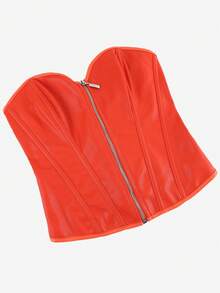 Overbust Corset Bustier With Zipper, Waist Trainer Corset Top For Outerwear Or Layering, Punk Costume Shapewear, Backless Lace-Up Bodysuit For Halloween - Coral Orange - View 4