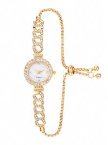 Jam Tangan Quartz Elegan Wanita, Jam Tangan Mewah Niche dengan Gelang yang Dapat Diatur dan Hiasan Berlian Imitasi Bulat - Satu-Ukuran - View 4
