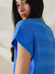 Klein Blue Hollow Textured Knit T-Shirt For Women, Summer Loose Fit Flattering Batwing Sleeve Top, Versatile Commuter Style - Blue - View 3