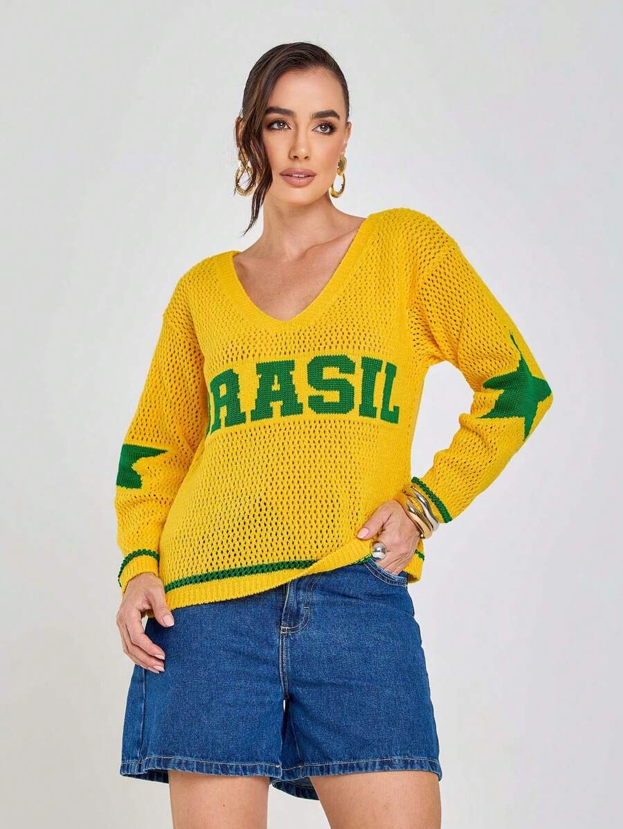 Brazil Supporters' Knit Crochet Blouse, Long Sleeve, Brazilcore, V-Neck, Carnival Selection, Fashion, Sportswear, Premium - Vàng và Xanh lá - Xem 1
