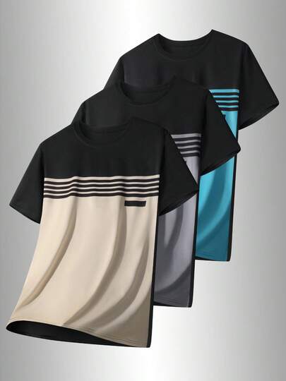 Men's Summer Casual Outdoor Short Sleeve T-Shirt, Colorblock Striped Design, Breathable Fabric, Suitable For Daily Wear, Outdoor Activities And Sports